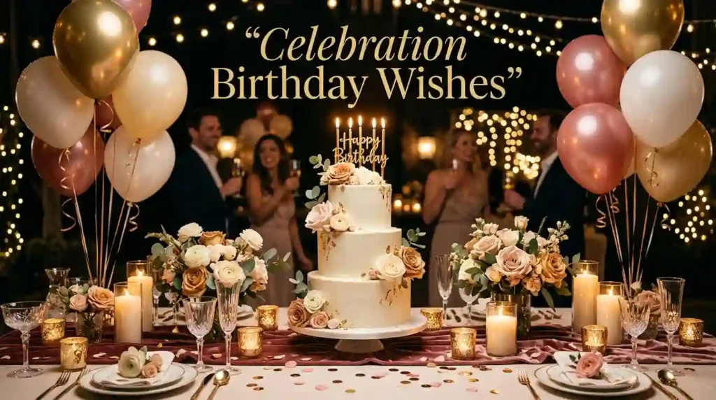Celebration Birthday Wishes with Cake and Flowers
