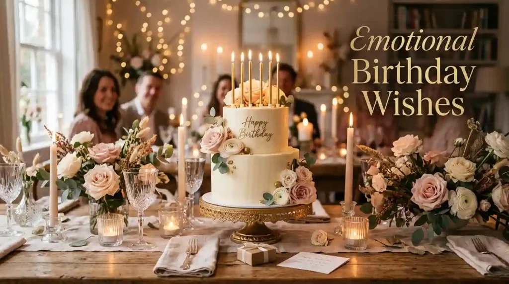 Emotional Birthday Wishes with Cake and Flowers