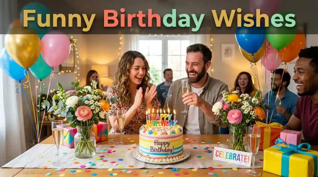 Funny Birthday Wishes with Cake and Flowers