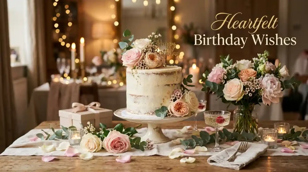 Heartfelt Birthday Wishes with Cake and Flowers
