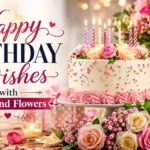 Happy Birthday Wishes with Cake and Flowers