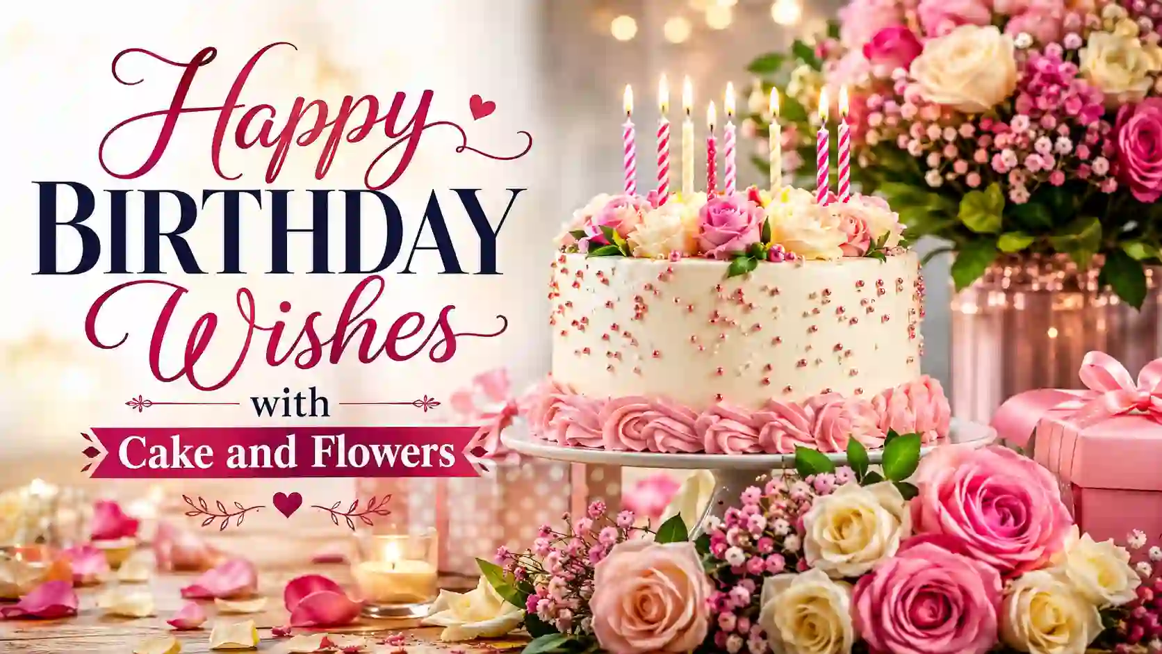 Happy Birthday Wishes with Cake and Flowers